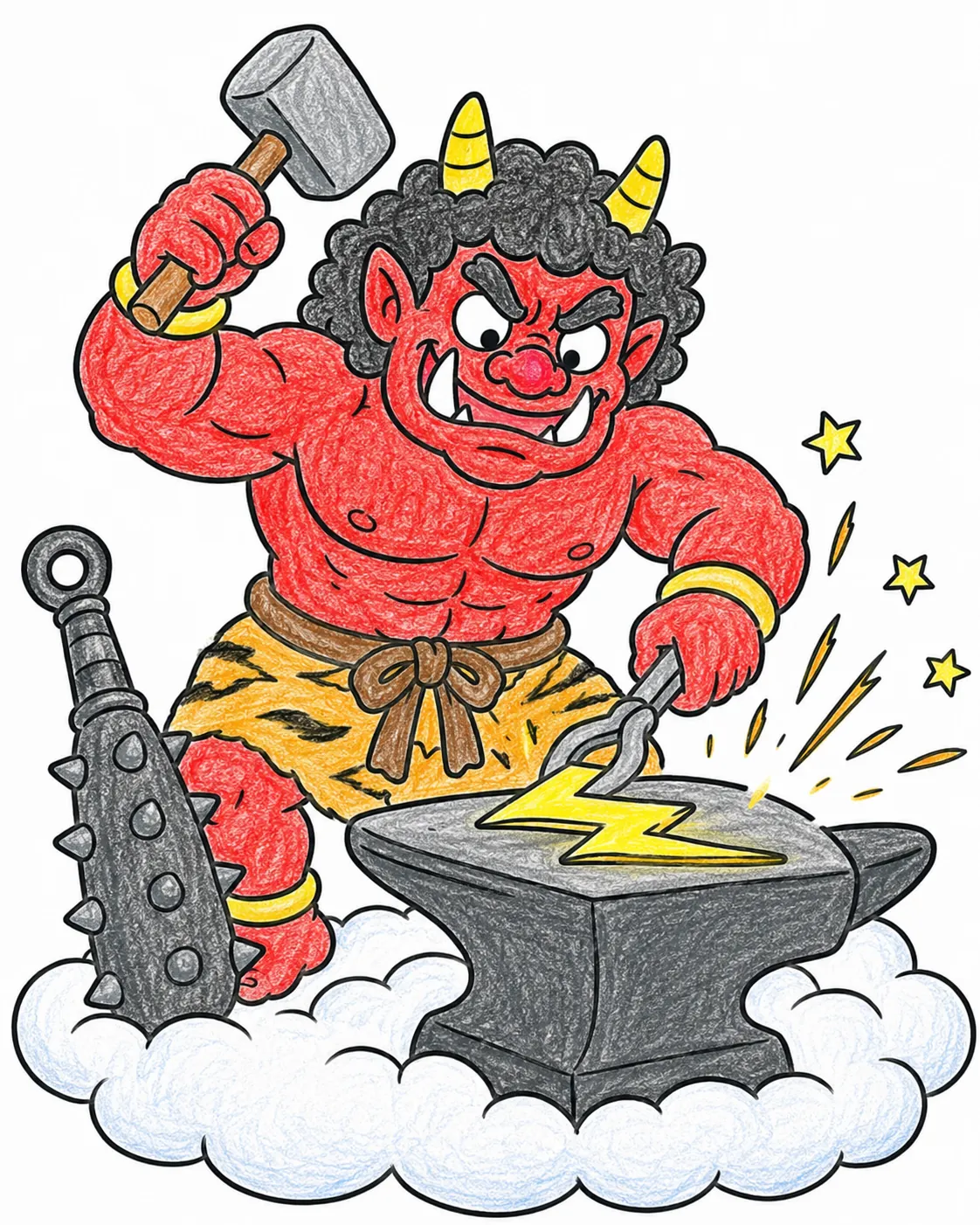Roter Oni-Dämon schmiedet Blitze in seiner Wolken-Schmiede