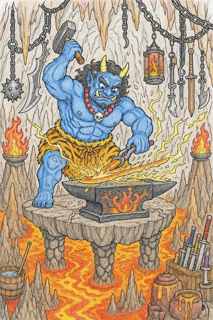 Ausmalbild: Oni-Schmied am Amboss über Lava schmiedet leuchtende Götterwaffe