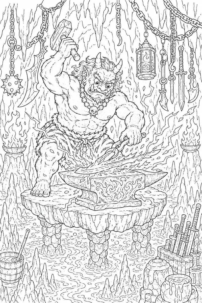 涂色页：鬼铁匠在熔岩上方铁砧锻造发光神器