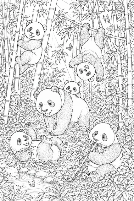Pandas spielen und purzeln durch einen grünen Bambuswald