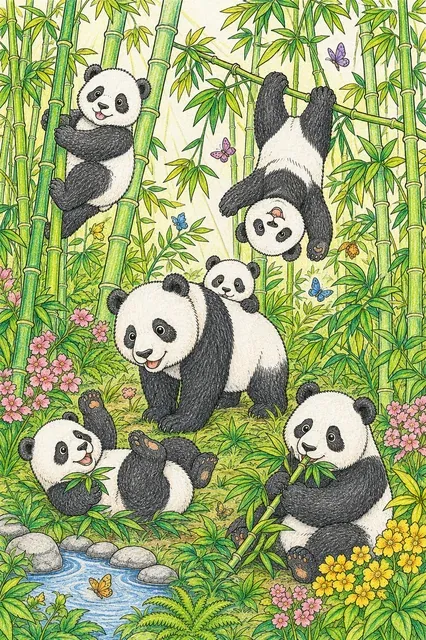 Ausmalbild: Fünf Pandas spielen auf verschiedene Weise im Bambuswald