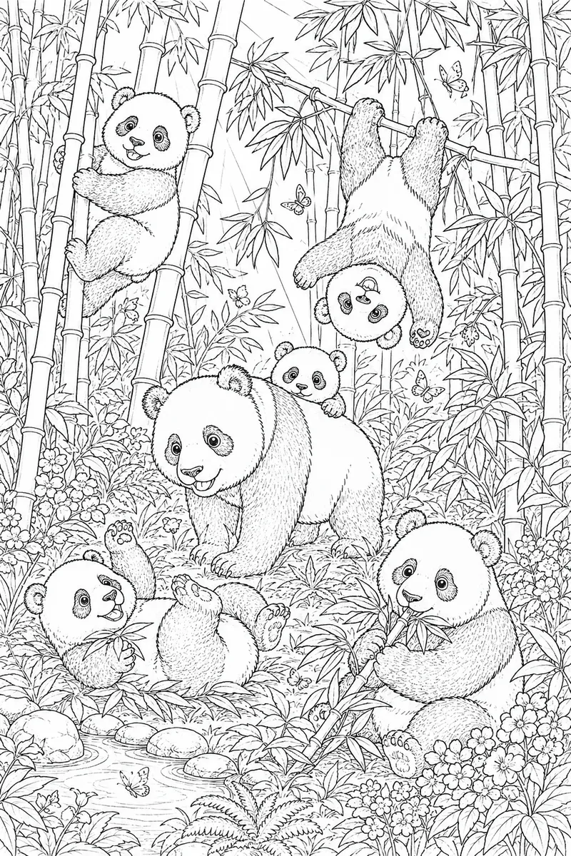涂色页：五只大熊猫以各种方式在竹林中玩耍