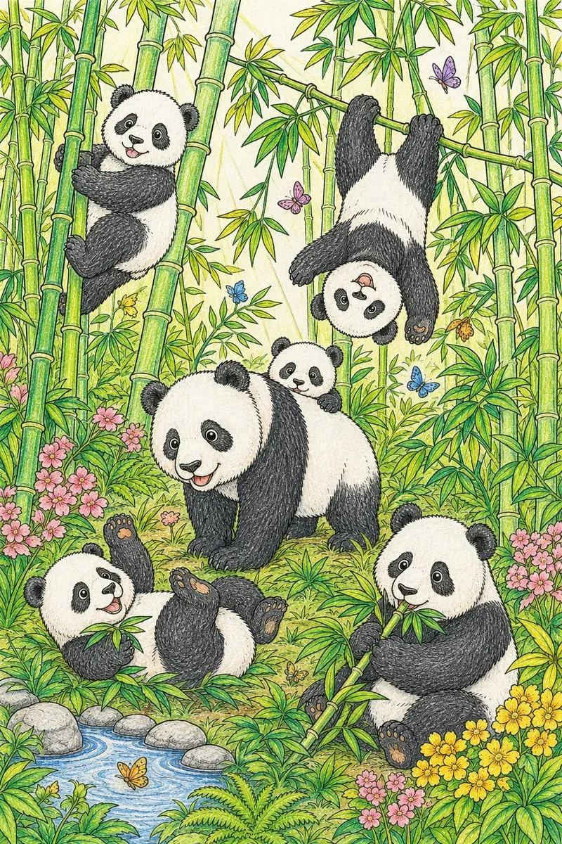 大熊猫在绿色竹林中嬉戏翻滚