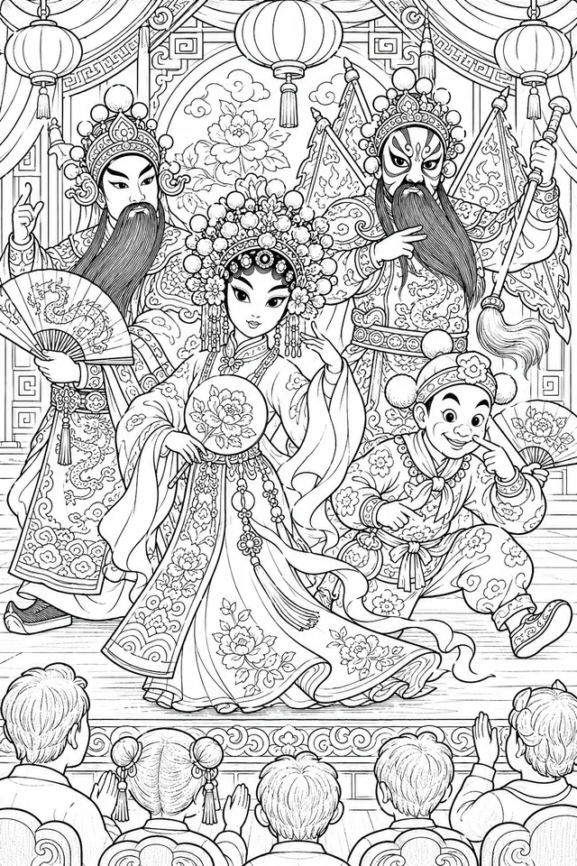 Peking-Oper: Vier kunstvoll geschminkte Darsteller auf der Bühne