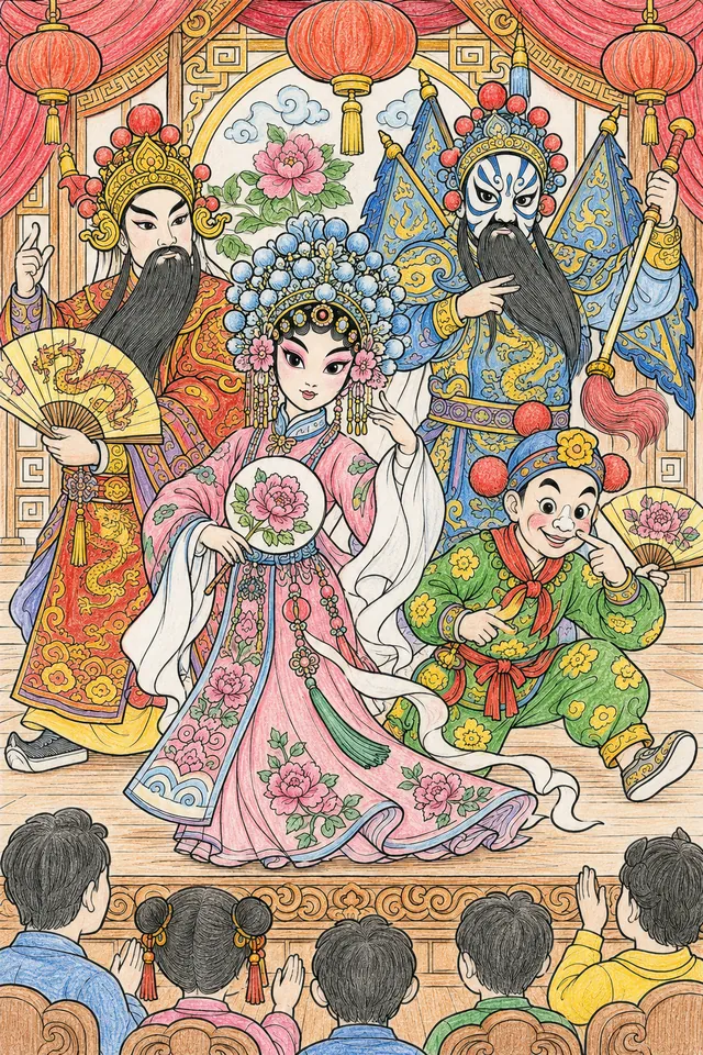 北京京剧：四位精彩妆容的演员在舞台上 – 涂色效果预览