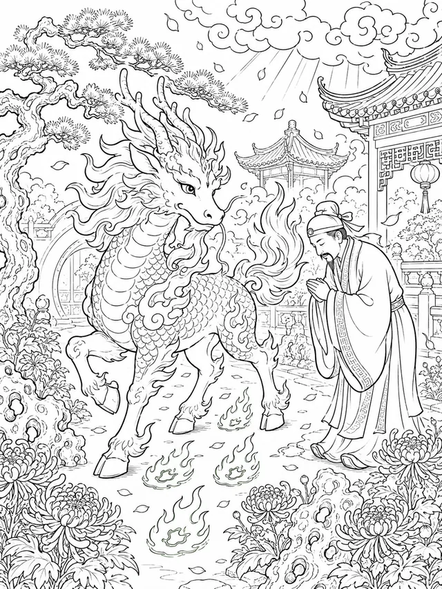 神圣麒麟雄伟地漫步在中国玉石花园中