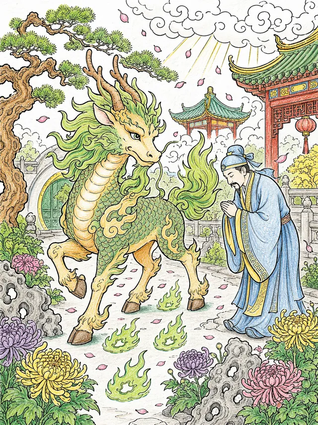 神圣麒麟雄伟地漫步在中国玉石花园中 – 涂色效果预览