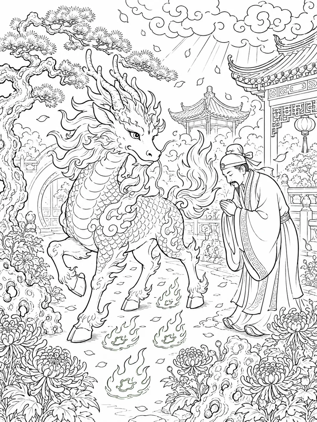 涂色页：雄伟的麒麟漫步在中国观赏园林