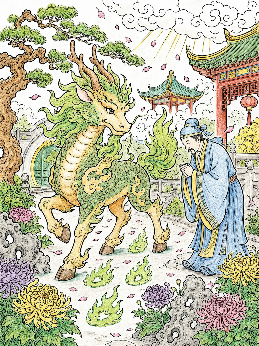 神圣麒麟雄伟地漫步在中国玉石花园中