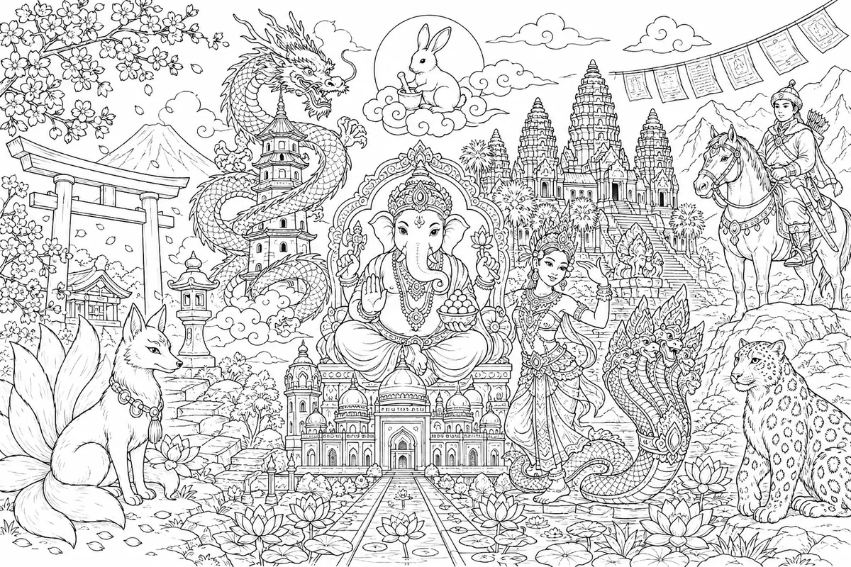 Coloring page: panorama of all Asian cultures from Japan to Central Asia