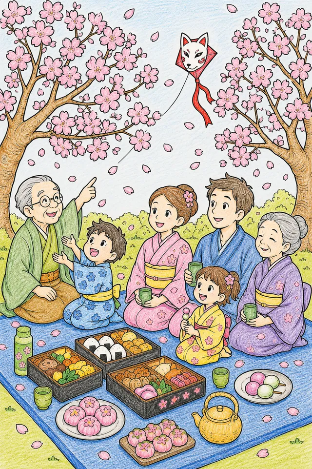 Hanami-Kirschblüten-Picknick mit Familie unter blühenden Sakura-Bäumen – So könnte es aussehen
