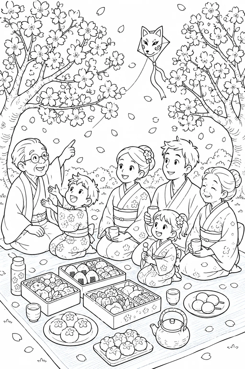 Ausmalbild: Japanische Familie beim Hanami-Picknick unter blühenden Kirschbäumen