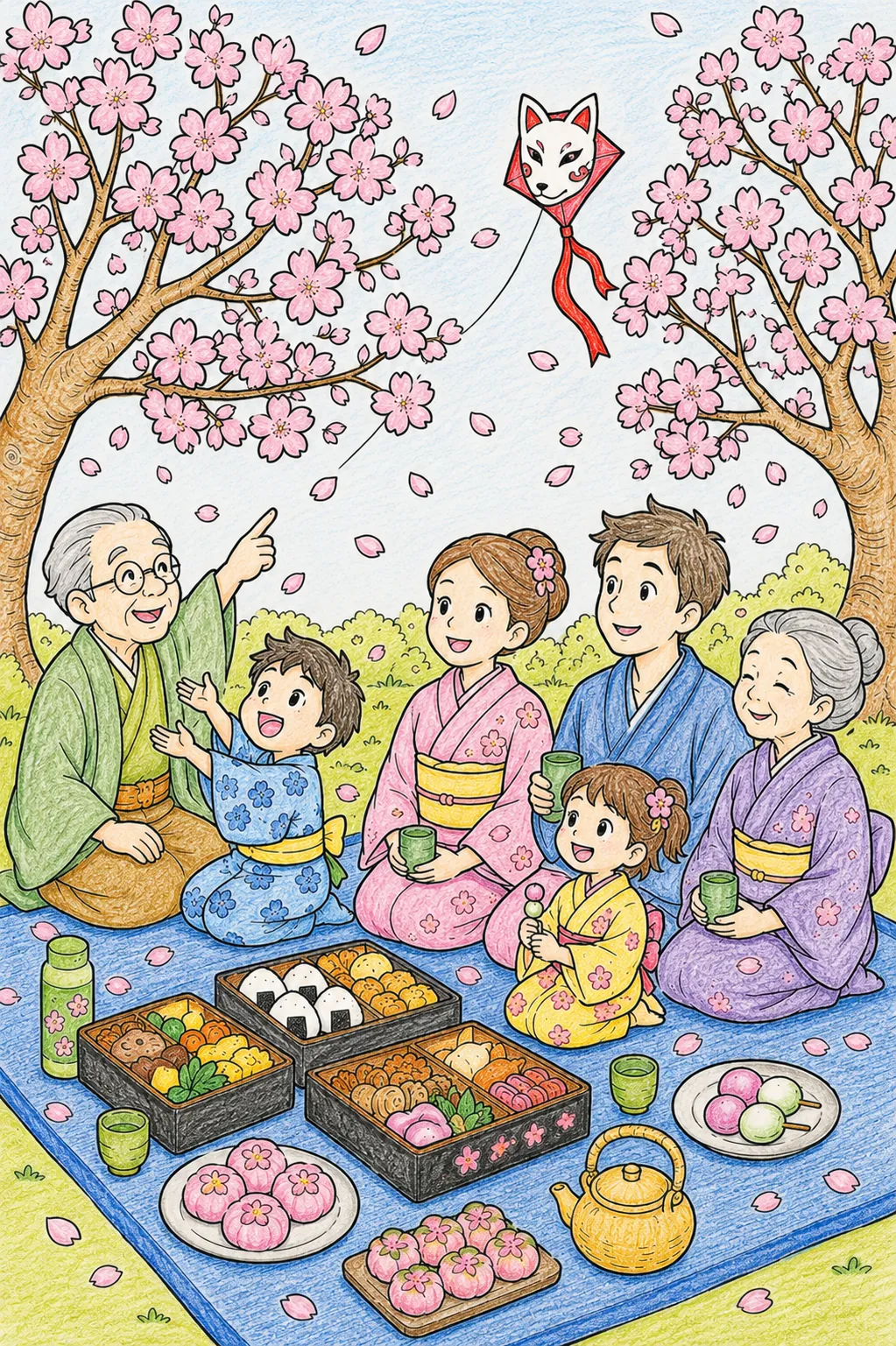 Hanami-Kirschblüten-Picknick mit Familie unter blühenden Sakura-Bäumen