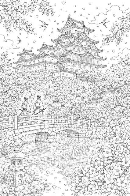 春天樱花海洋中的日本城堡