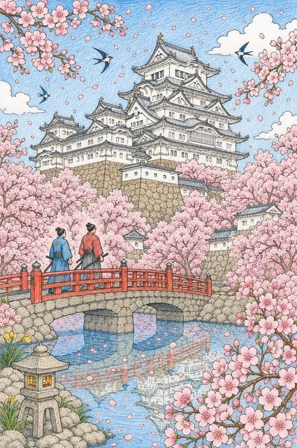 涂色页：春天被盛开樱花树包围的日本城堡
