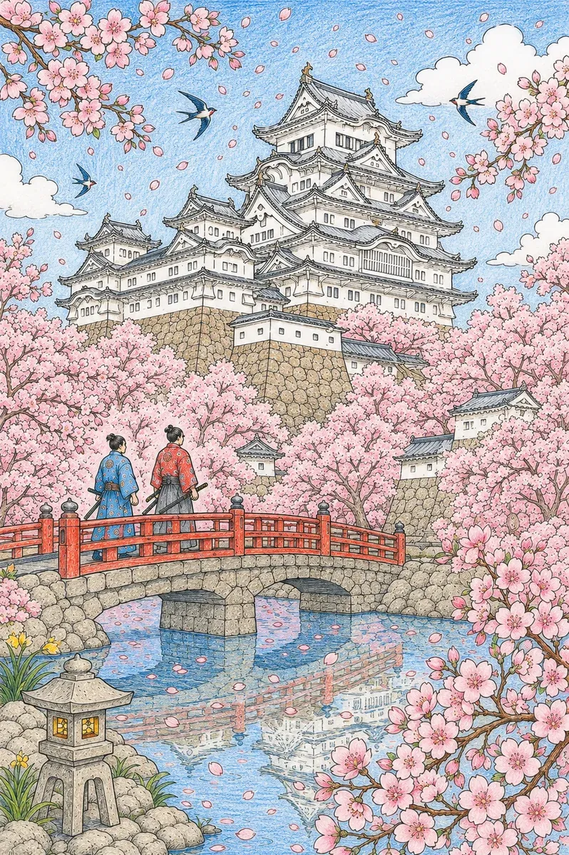 春天樱花海洋中的日本城堡