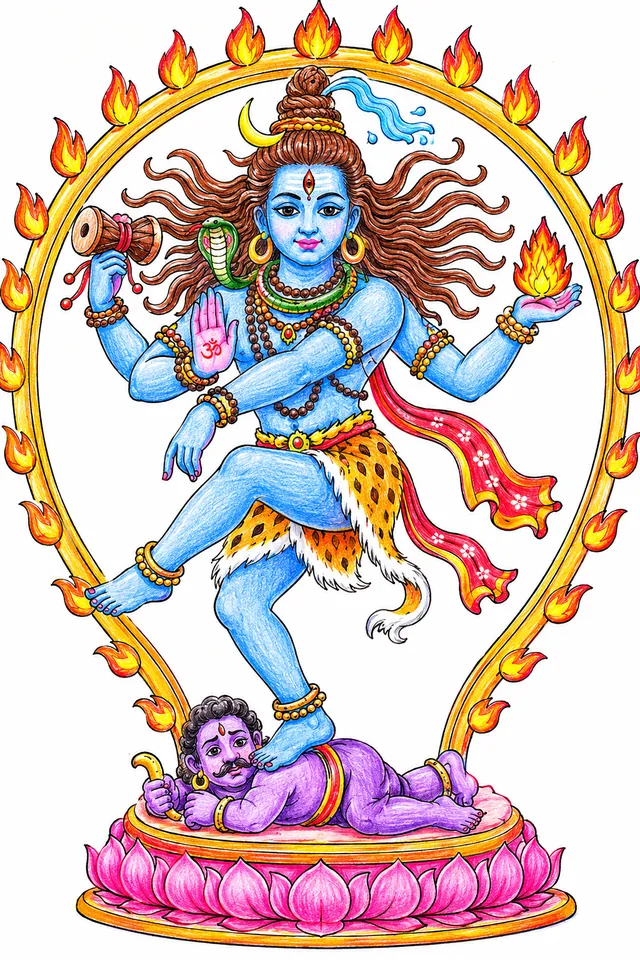 Ausmalbild: Shiva Nataraja in klassischer Tanzpose mit Feuerring