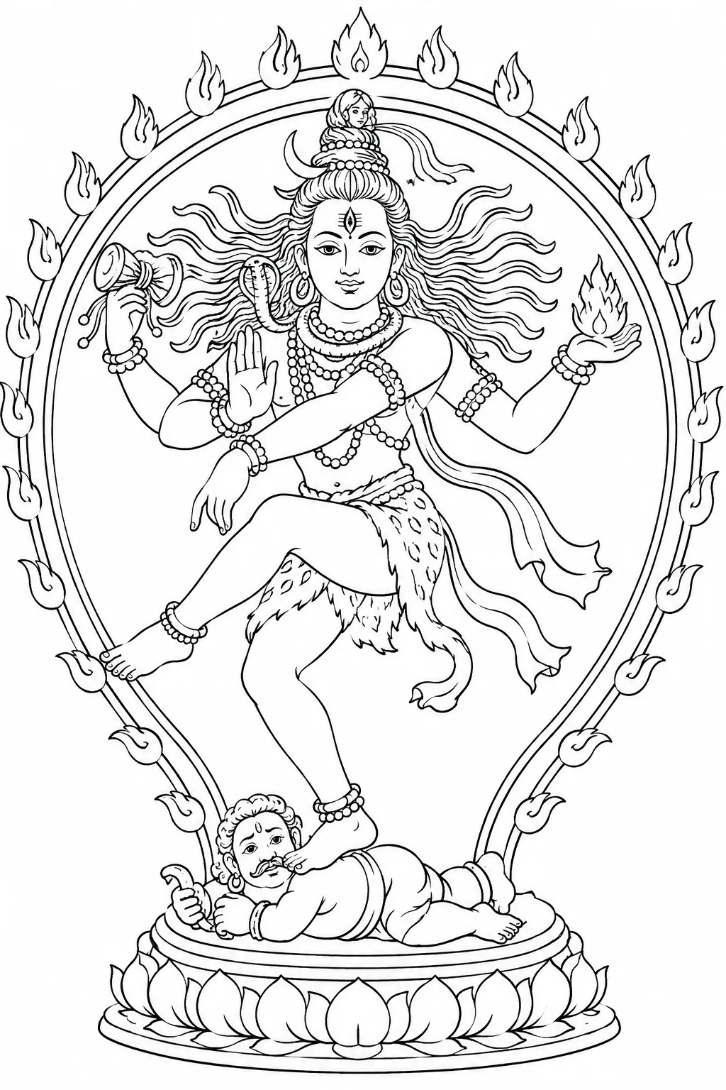 Ausmalbild: Shiva Nataraja in klassischer Tanzpose mit Feuerring