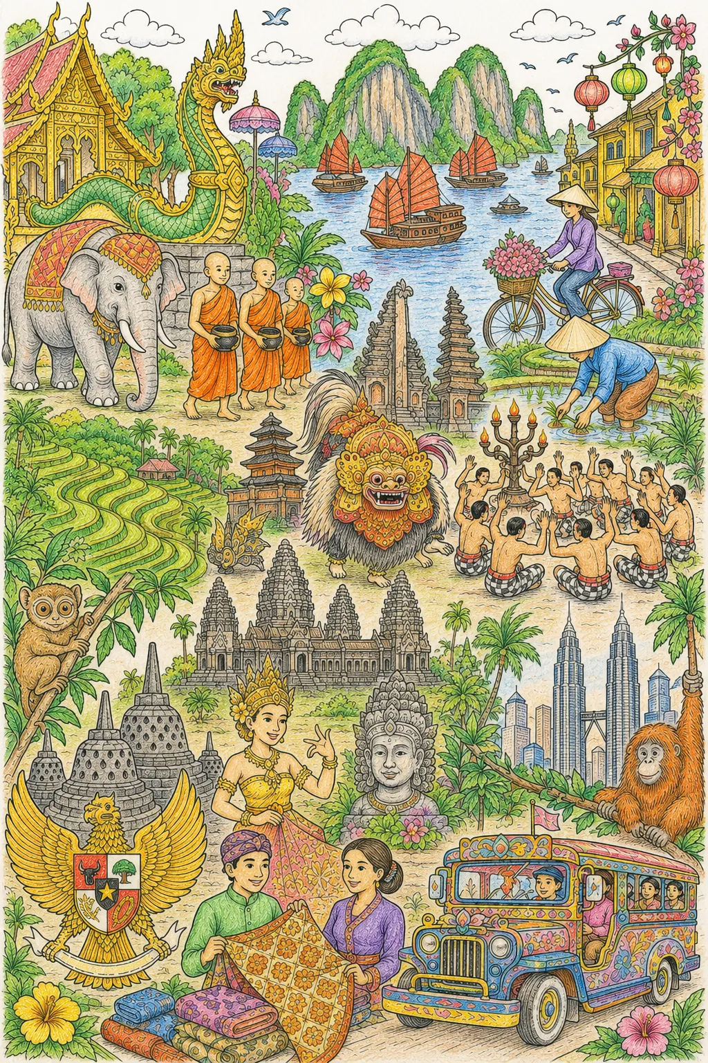 Südostasien-Wimmelbild: Tempel, Tiere und Kulturen in einem Bild