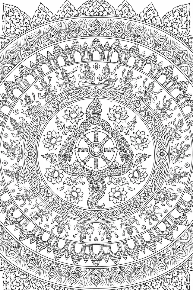 Südostasien-Naga-Lotus-Mandala mit Tempelbögen