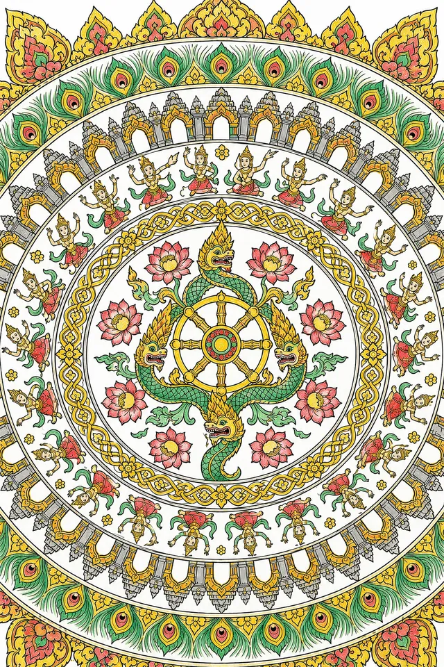 Ausmalbild: Kreisförmiges Südostasien-Mandala mit Naga, Apsara-Tänzerinnen und Angkor-Mustern
