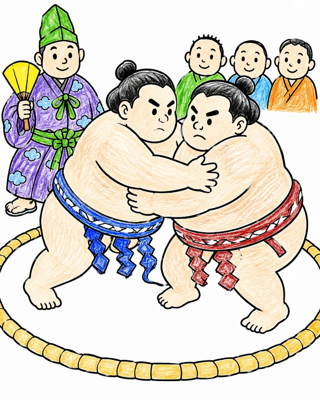 两位相扑力士在神圣土俵圆圈中较量