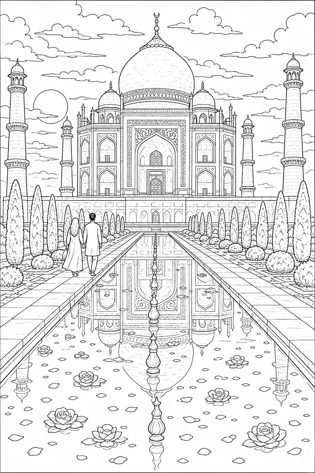 Coloring page: Taj Mahal with golden reflection in canal at sunset