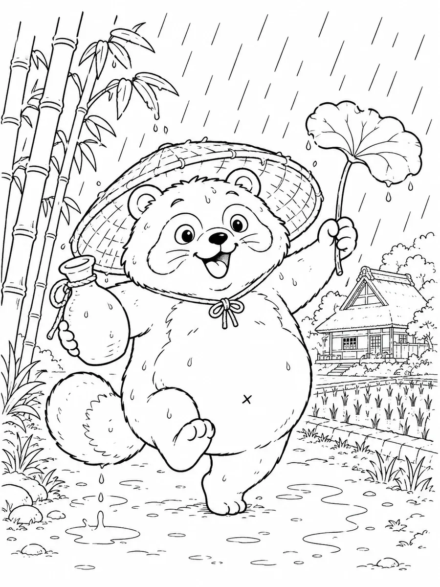 涂色页：戴草帽的狸猫在雨中快乐跳舞