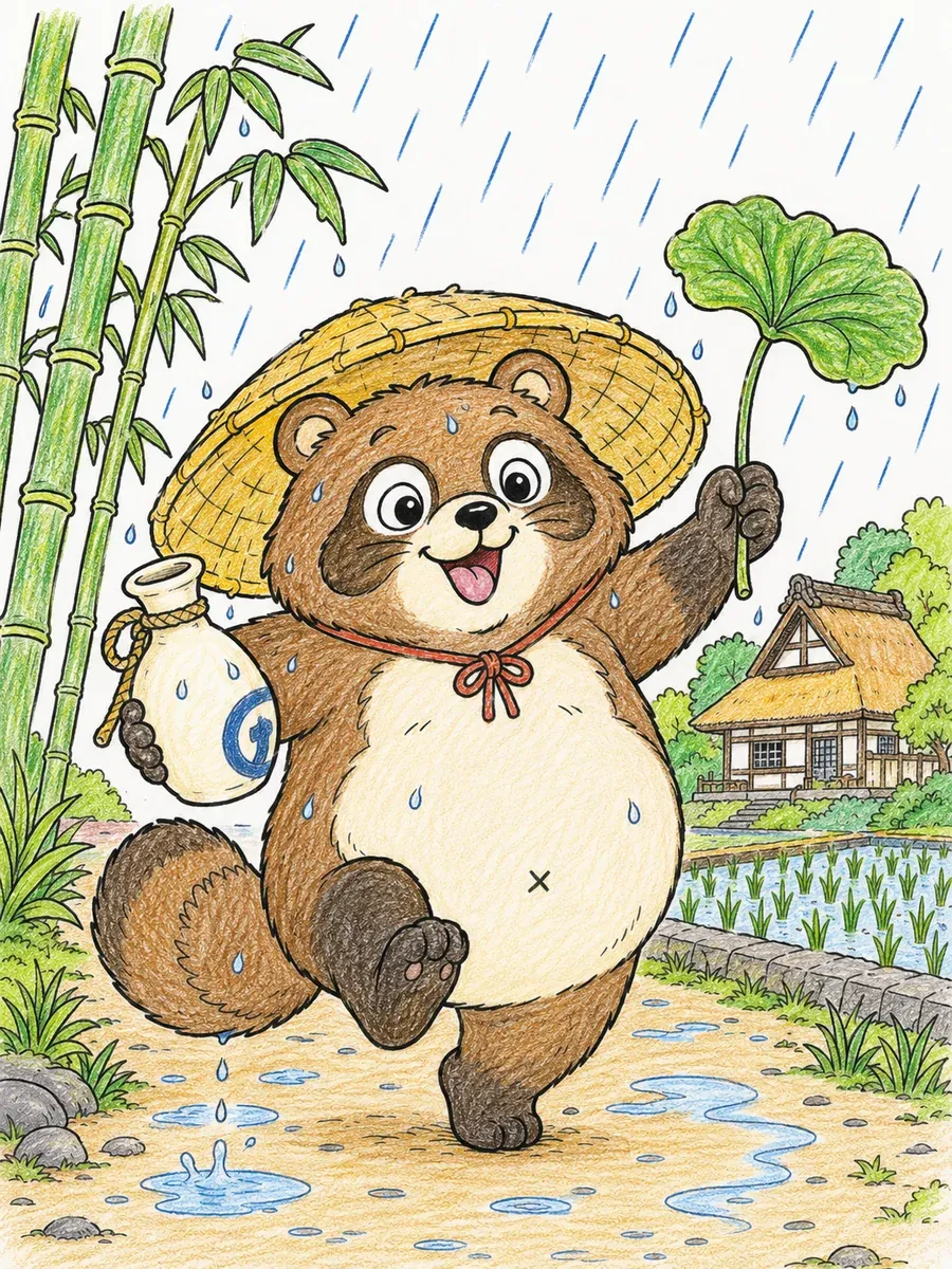胖乎乎的狸猫戴着草帽拿着清酒瓶在雨中跳舞
