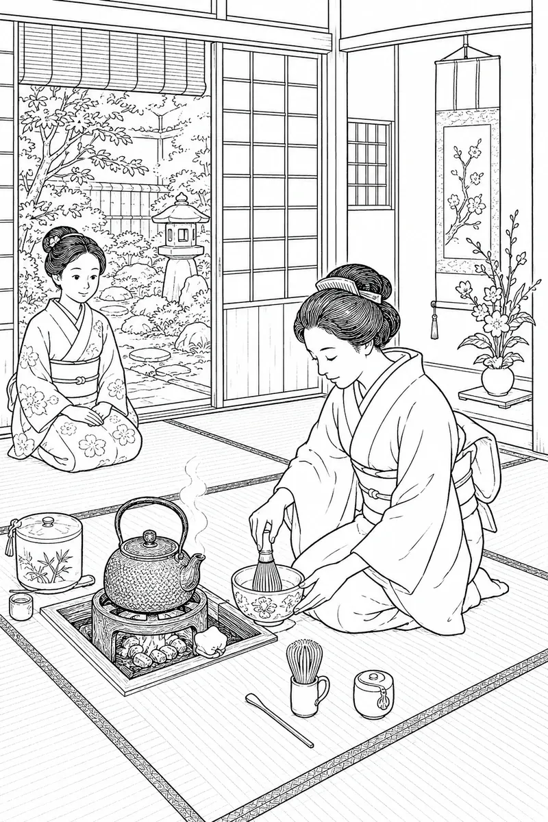 Ausmalbild: Japanischer Tee-Meister führt Teezeremonie in klassischem Teehaus durch
