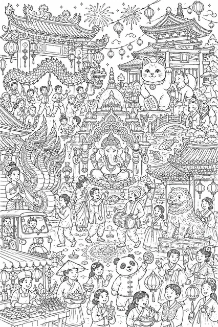 Grand Asian Temple Wimmelbild: All Cultures Celebrating Together