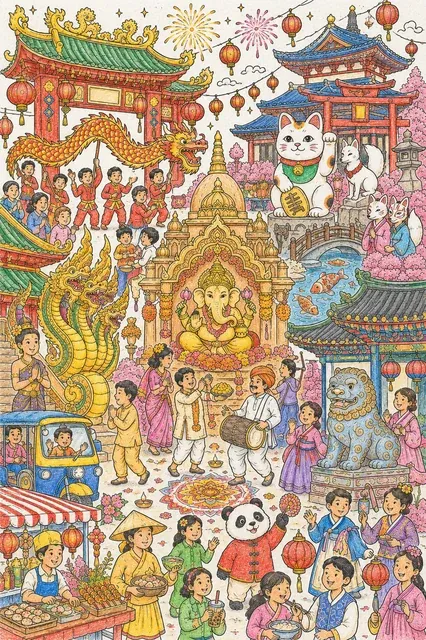 大型亚洲寺庙寻找图：所有文化共同庆祝 – 涂色效果预览