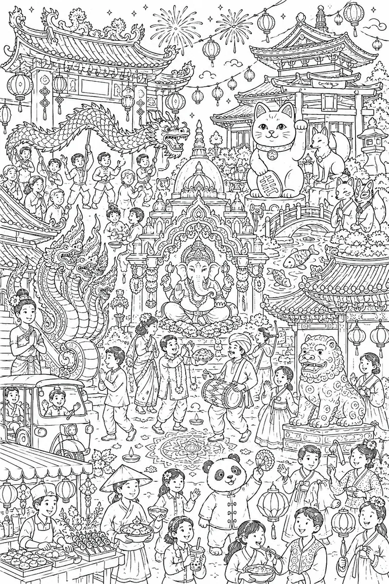 涂色页：有来自各种文化人物的泛亚洲寺庙节日寻找图