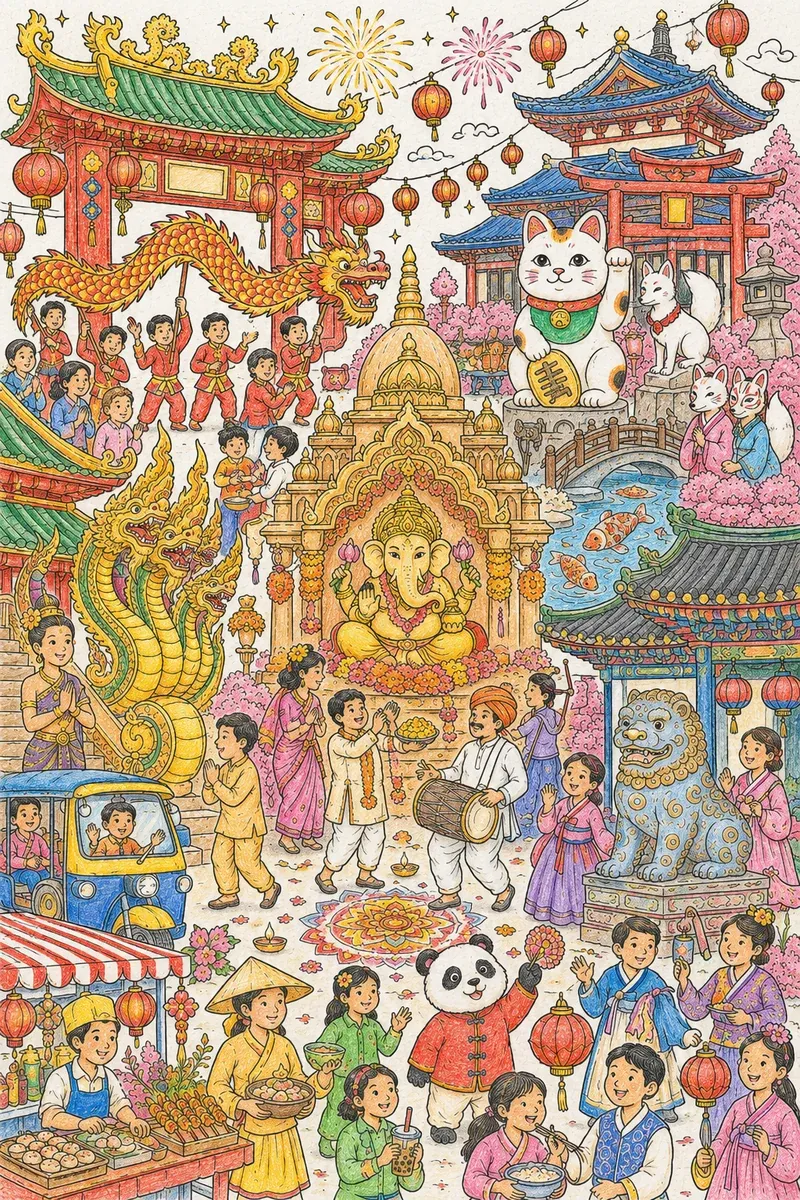大型亚洲寺庙寻找图：所有文化共同庆祝
