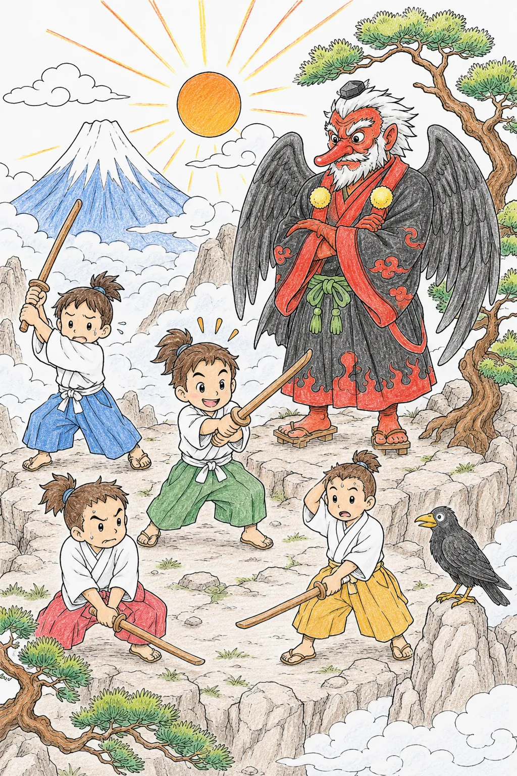 天狗师傅在山顶教导学生武术