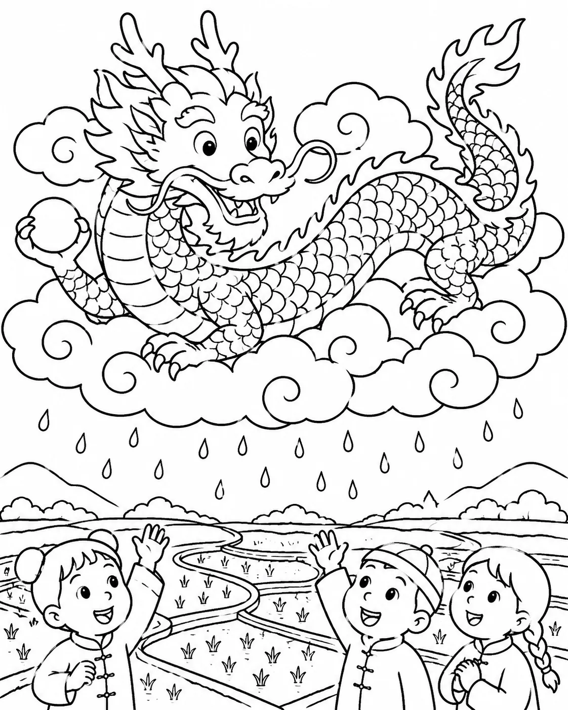 Ausmalbild: Chinesischer Himmelsdrache Tianlong coilt in Wolken und bringt Regen