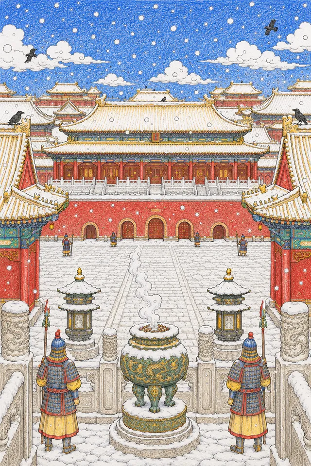 Ausmalbild: Verbotene Stadt in Peking mit roten Mauern und Schnee im Winter