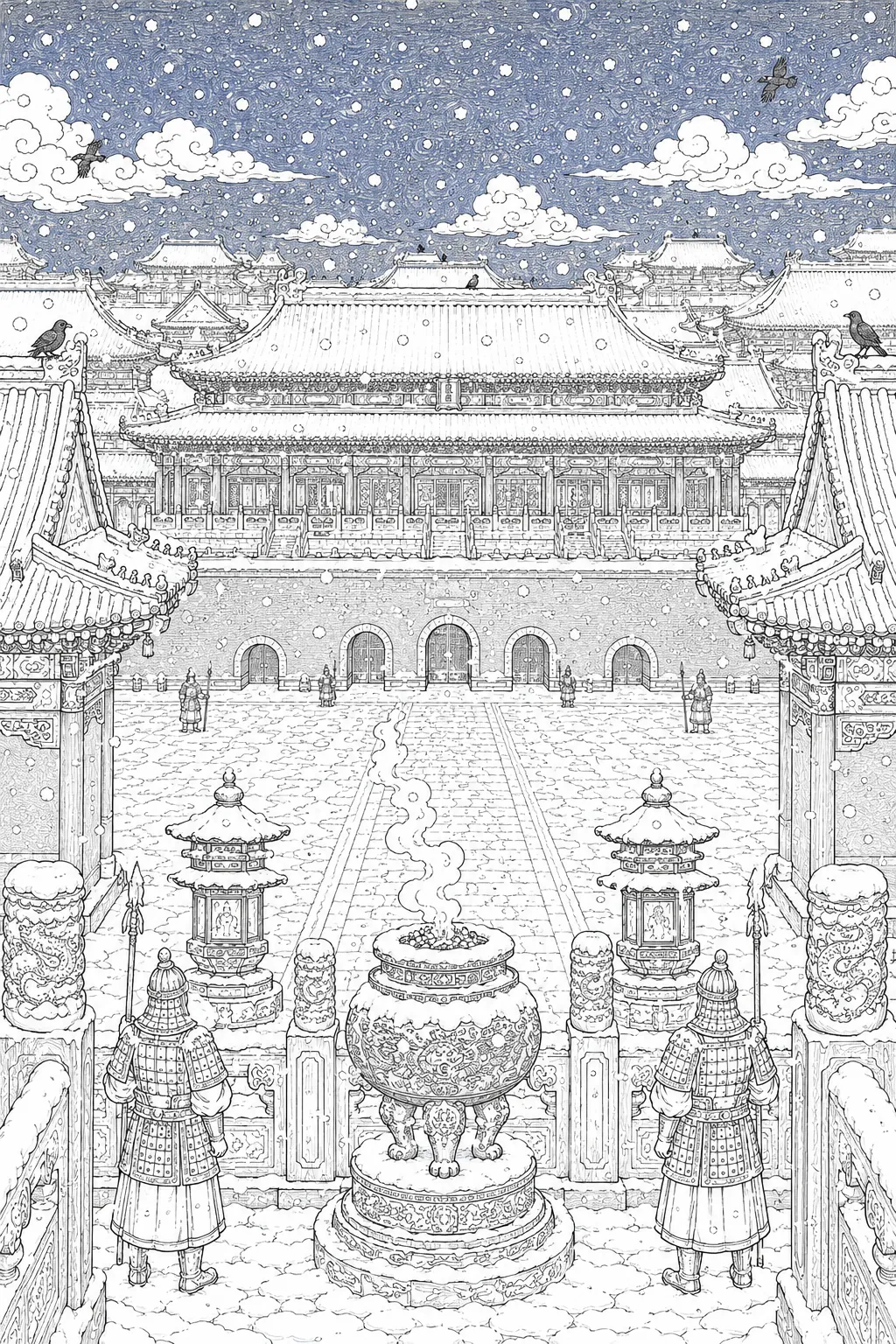涂色页：冬天北京紫禁城有红色宫墙和雪