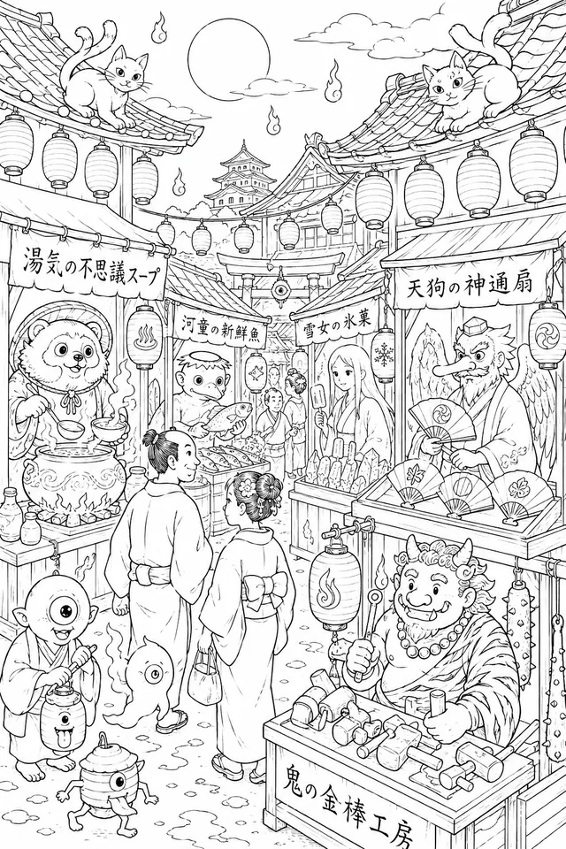 Verborgener Edo-Yokai-Markt in der Nacht: Geister kaufen und verkaufen