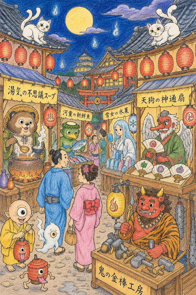 夜晚隐藏的江户妖怪市场：灵魂买卖 – 涂色效果预览