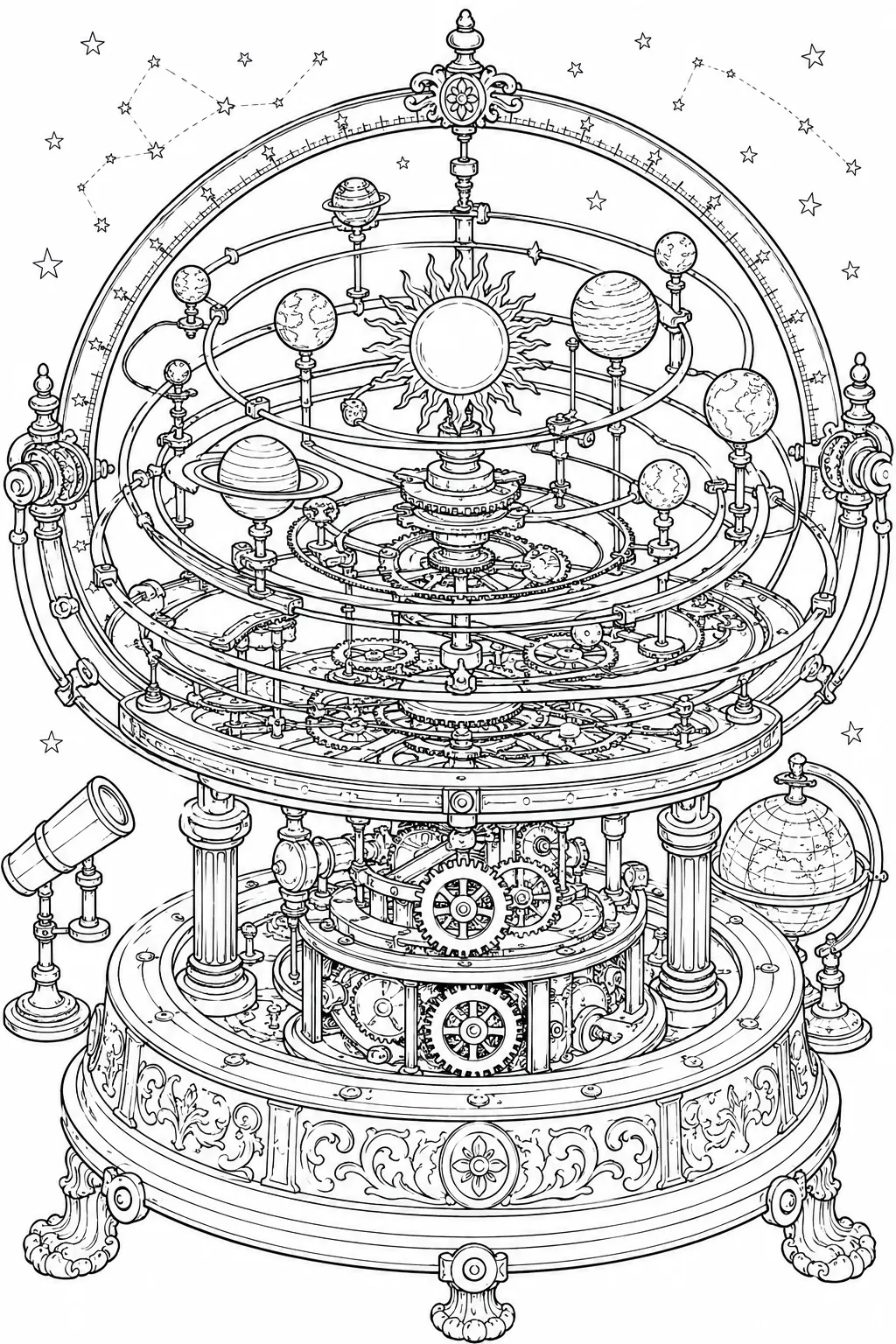 填色页：华丽支架上的精美黄铜太阳系仪，行星球在臂上围绕中央太阳运转，齿轮环可见
