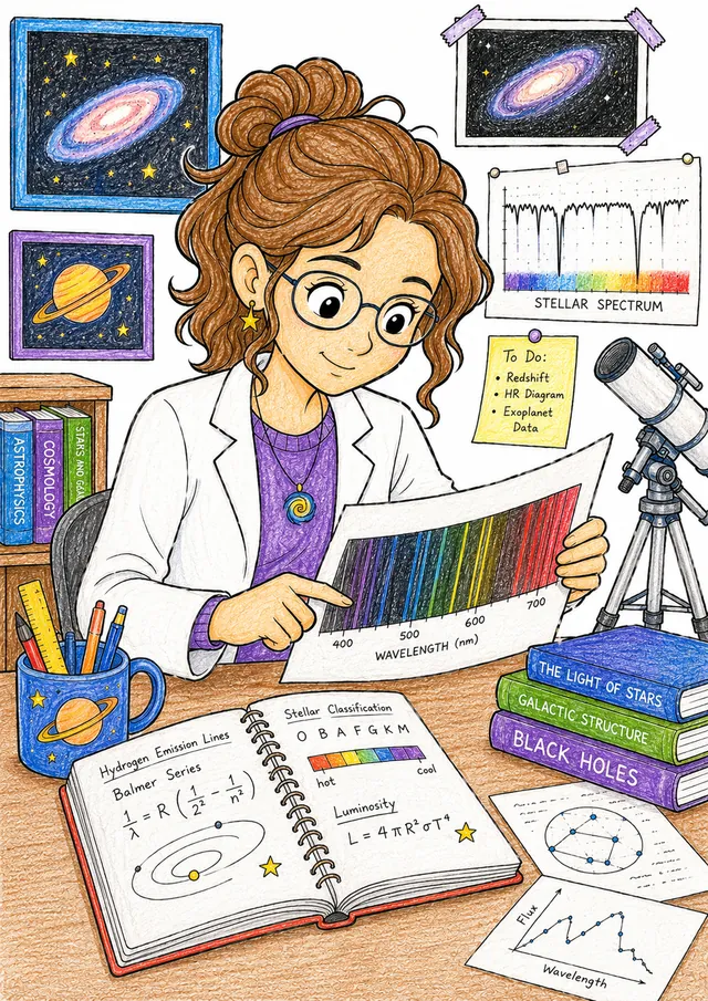 天体物理学家分析恒星光谱 – 涂色效果预览