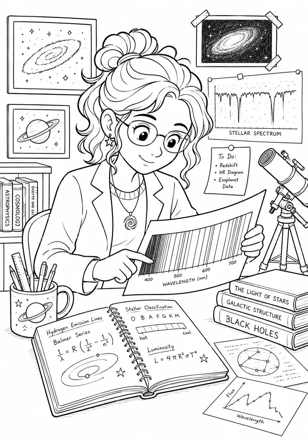 涂色模板：天体物理学家在桌旁分析带有发射线的恒星光谱