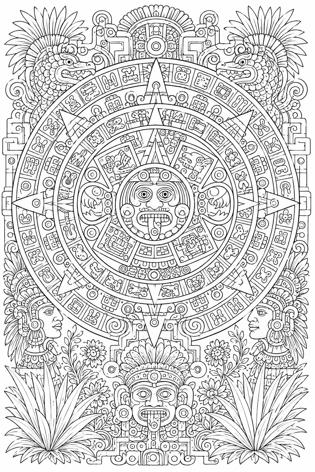 Aztec Sun Stone: Tonatiuh fierce frontal tongue obsidian knife eyes headdress Nahui Ollin four glyphs / Tonalpohualli 260 twenty day signs radially / Xiuhpohualli 365 month signs / Xiuhcoatl fire serpent eight rays / two serpents cosmic four cardinal