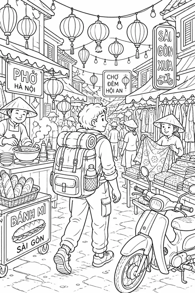 Backpacker erkundet staunend einen leuchtenden Nachtmarkt in Vietnam
