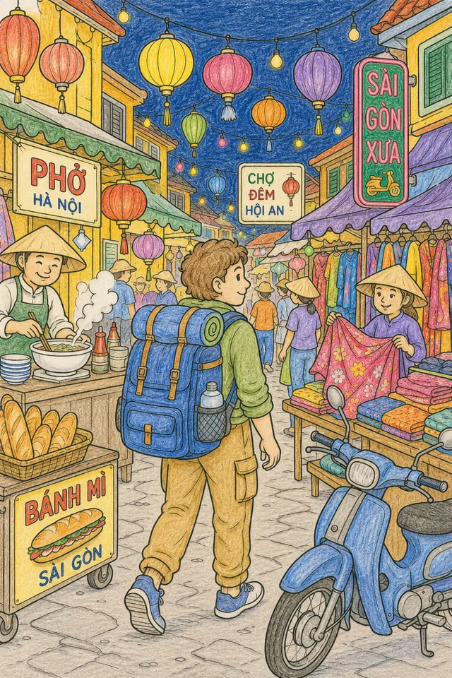 Backpacker schlenert durch vietnamesischen Nachtmarkt mit bunten Laternen und dampfenden Essenständen