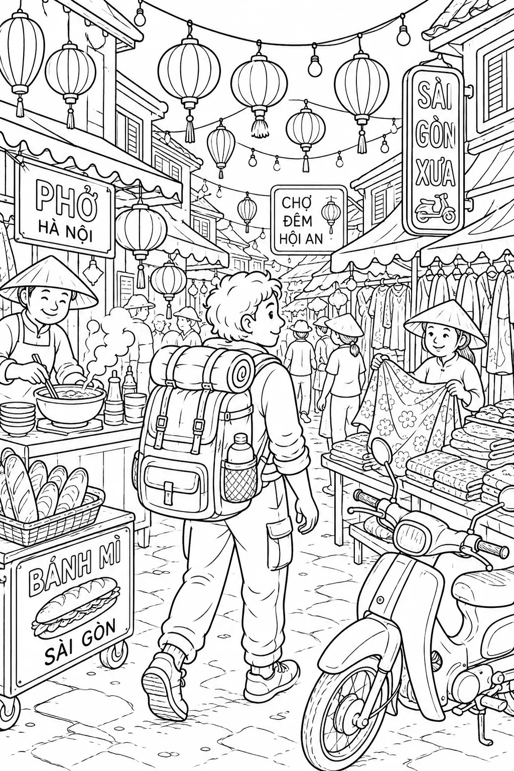 Backpacker schlenert durch vietnamesischen Nachtmarkt mit bunten Laternen und dampfenden Essenständen