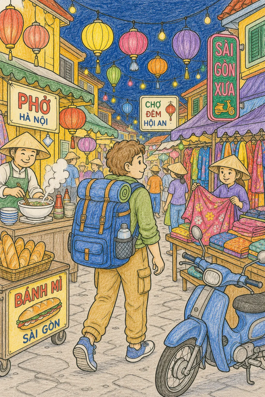 Backpacker erkundet staunend einen leuchtenden Nachtmarkt in Vietnam