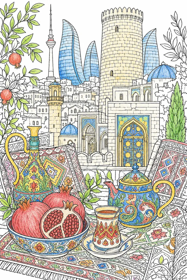 Baku cozy: Maiden Tower tall cylindrical limestone projecting spur cobblestone old city / Shirvanshah Palace low elegant carved stonework muqarnas arches latticework / honey-coloured Old City bazaar carpet kilim geometric medallion / armudu pear tea amber pomegranate pakhlava / Flame Towers three flame-shaped glass above walls