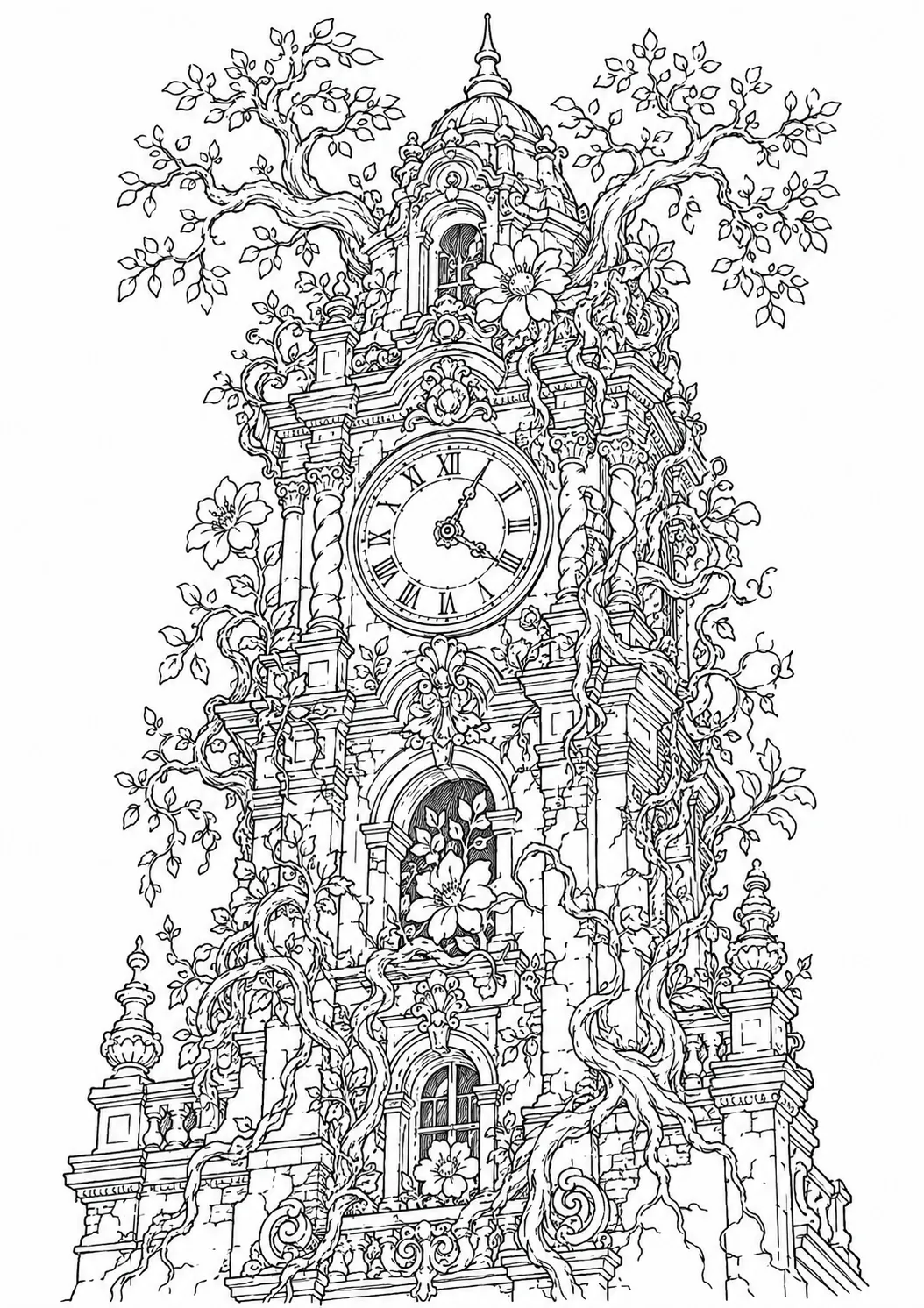 Ausmalvorlage: Barocker Uhrenturm mit Ranken, riesigen Blüten und durch Mauerwerk brechenden Wurzeln